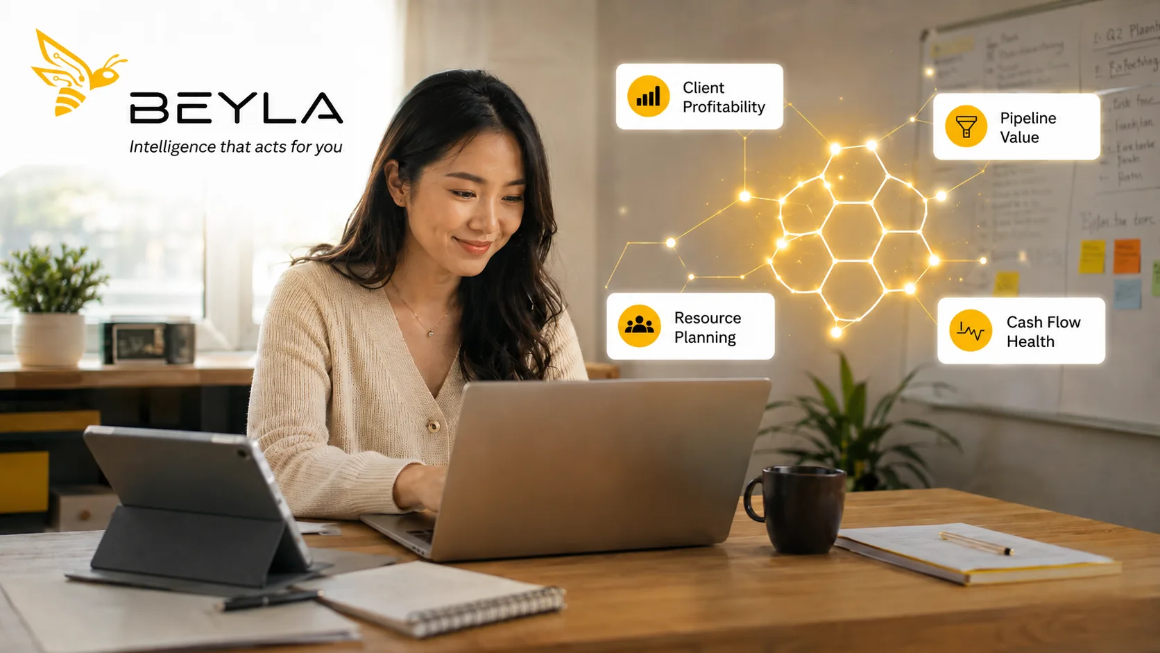A business owner working at a laptop, with BEYLA surfacing client profitability, pipeline value, resource planning and cash flow health alongside her