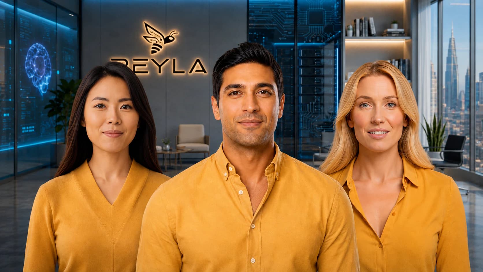 Three BEYLA Digital Humans in honey-gold clothing stand together in the branded BEYLA office, with the illuminated bee symbol and BEYLA wordmark visible behind them.