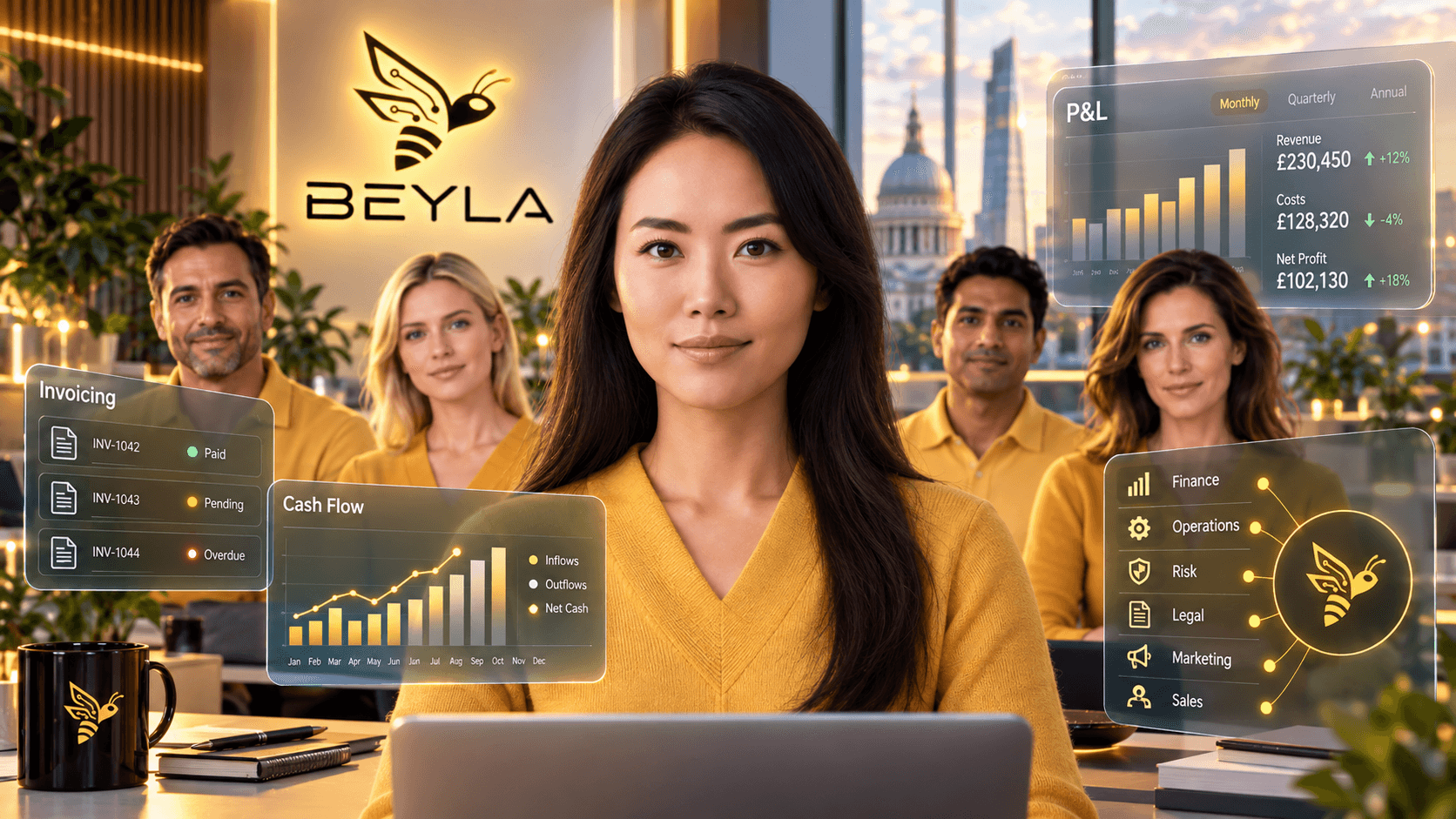 BEYLA Digital CFO in a honey-coloured top with a team of Digital Humans behind her, surrounded by cashflow, invoicing and P&L dashboards.