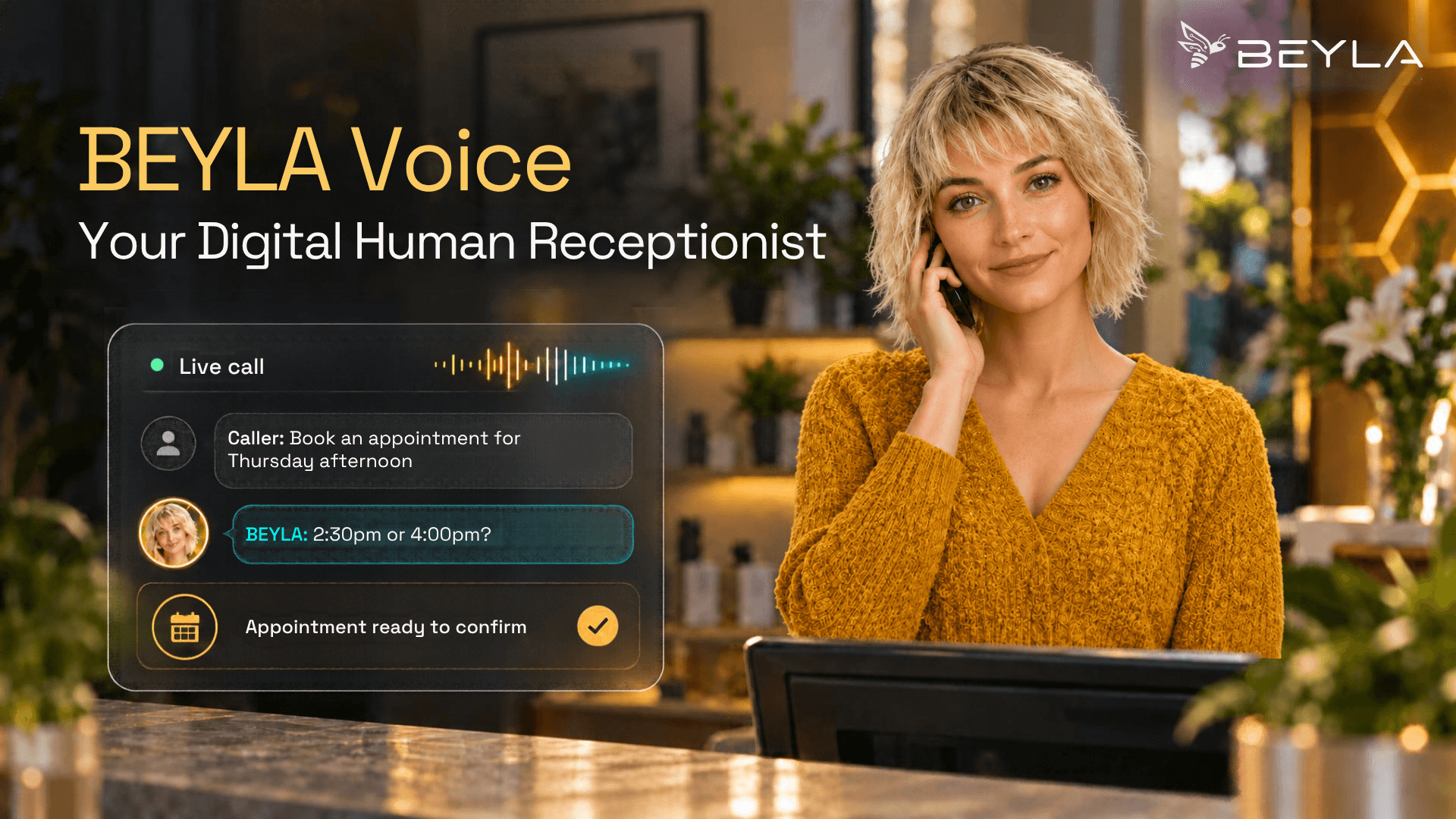BEYLA Voice Digital Human Receptionist answers a customer call while a dashboard offers appointment times and prepares the booking for confirmation.