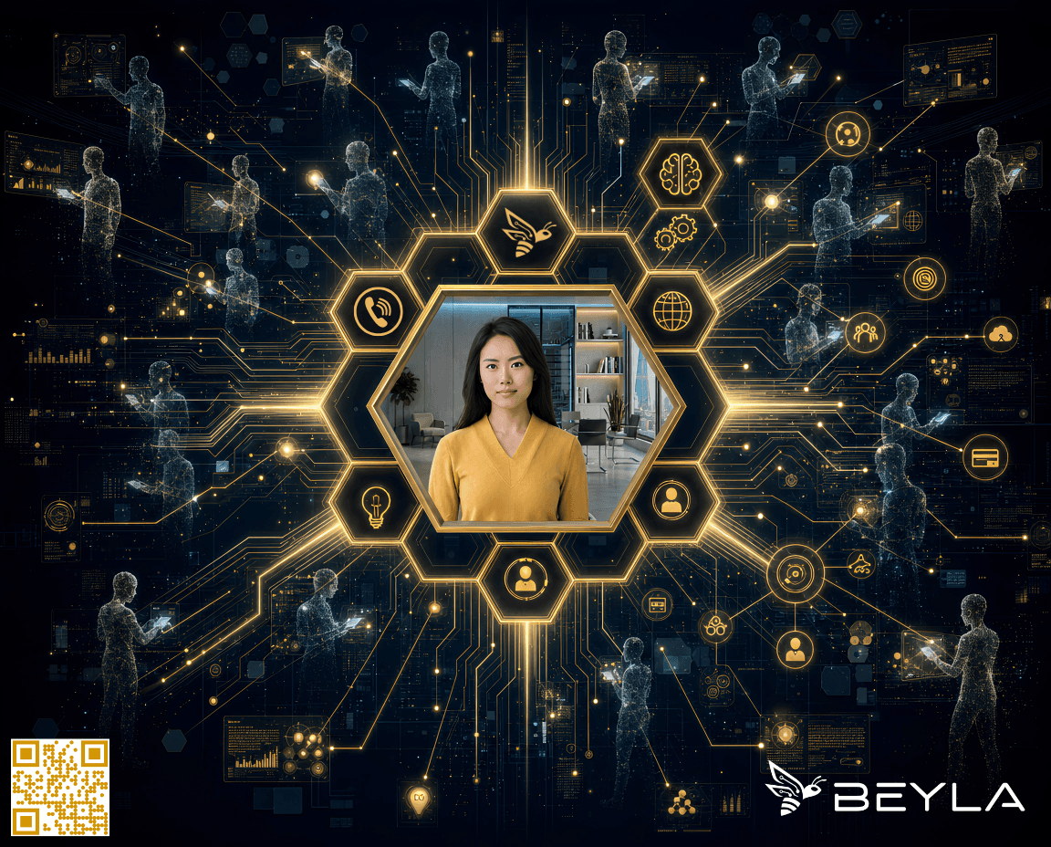 A BEYLA Digital Human at the centre of a honeycomb network, connected to specialist Digital Human workers and business functions.
